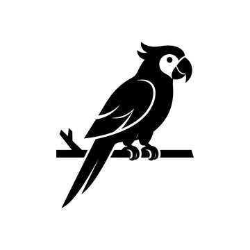 Parrot bird icon sitting on wooden perch branch in detailed black vector silhouette for tropical wildlife nature education conservation or avian hobby art work.