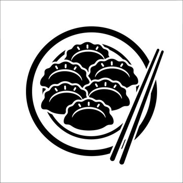 Plate of dumplings with chopsticks icon showing traditional asian cuisine in flat black design. Authentic gyoza or dim sum illustration for restaurant menu labels.