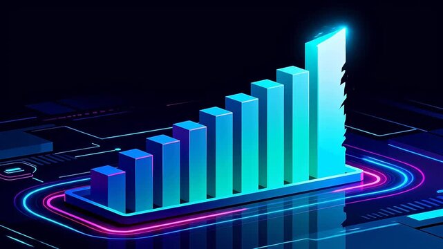 Futuristic 3D bar chart with neon gradient on circuit board background