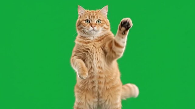 Funny ginger dancing cat on a green screen background