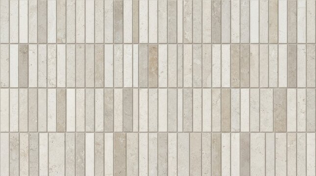 Vertical rectangular wall tiles in varying shades of beige, cream, and light grey, arranged in a staggered brick pattern with a natural stone finish