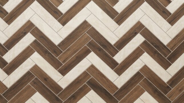 Two-tone herringbone pattern featuring alternating light beige and dark brown wooden planks, creating a high-contrast geometric wall surface