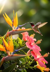 Fototapeta premium A hummingbird hovers in front of vibrant bird-of-paradise flowers, actively feeding on the nectar. The bird-of-paradise flowers are a bright pink and orange color, surrounded by green foliage.