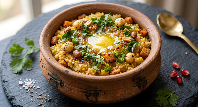 Close Up Golden Crispy Sama Rice Khichdi Clay Pot Ghee Herbs Navratri Fasting Food