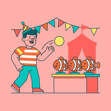 Boy Playing Carnival Game, Throwing Ball at Clownfish Targets