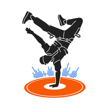 Breakdancer Silhouette on Orange Circle with Sound Waves