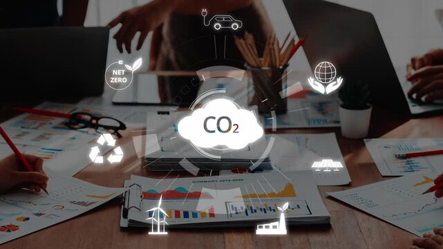 A dynamic business meeting showcasing teamwork and analysis focused on sustainable practices and carbon neutrality in a modern office setting. Raster