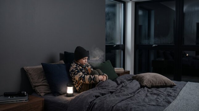 Child bundled in winter clothes shivers on a dark bedroom bed with a glowing lantern