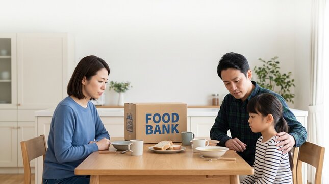 Concerned Asian family shares a humble meal from a food bank, reflecting economic hardship