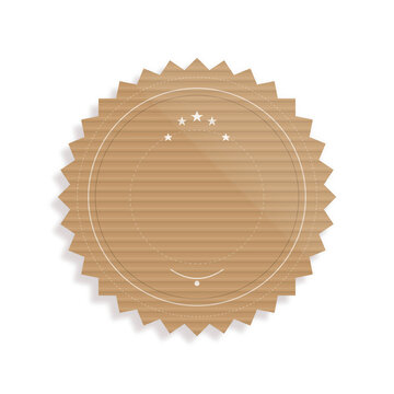 Corrugated cardboard seal with serrated edges, brown paper badge for eco-friendly branding, vintage rustic label for sustainable packaging design