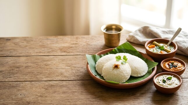 Traditional South Indian Breakfast Idli with Sambar and Chutney