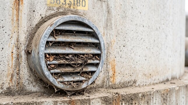 Dirty metal ventilation vent clogged with leaves and debris on weathered concrete wall