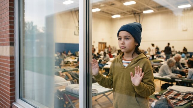 Displaced young girl presses hands on window gazing into crowded temporary emergency shelter