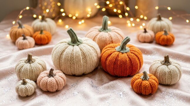 Handcrafted knitted pumpkins in soft autumnal colors with festive fairy lights