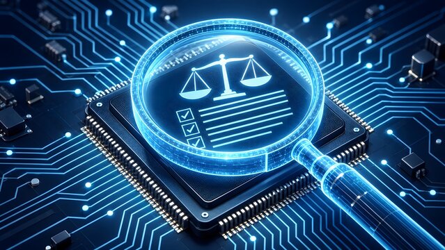Digital Forensics and Cyber Investigation Concept with Glowing Magnifying Glass Scanning Legal Compliance Document on Microchip