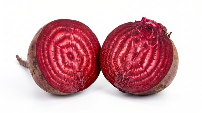 Fresh beetroot sliced in half revealing vibrant red concentric rings on a clean white background