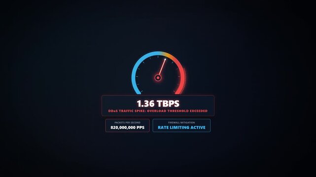 DDoS Traffic Bandwidth Overload Gauge Spike Speedometer Telemetry In 4K Seamless Loop On Dark Cyber Background