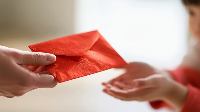 Hand giving textured red envelope to another person during a cultural celebration or special occasion