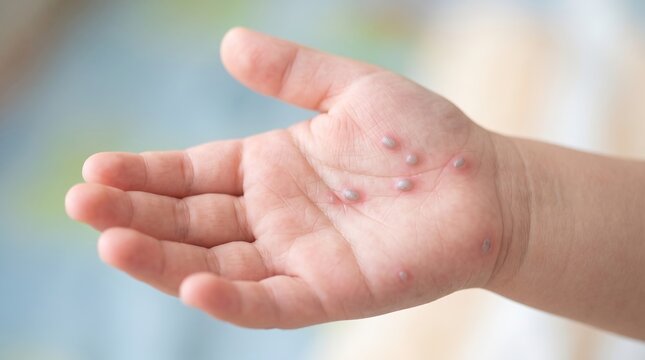 Child palm with contagious viral rash blisters caused by hand foot and mouth disease