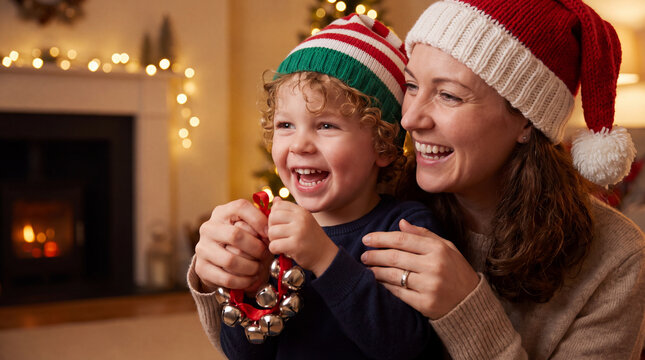 A White mother and giggling son in Santa and elf hats play with jingle bells, ringing with cheerful Christmas holiday fun for wallpapers.
