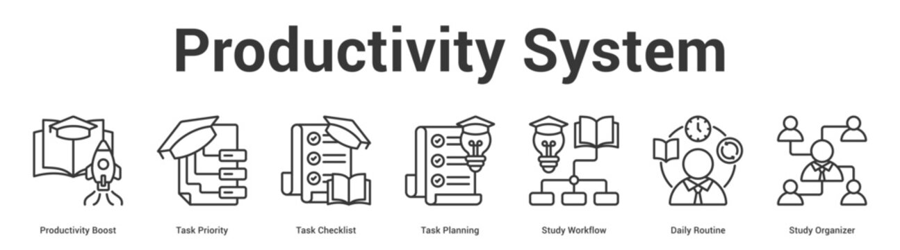 Productivity System web banner icon set vector illustration concept for business with icon of Productivity Boost, Task Priority, Task Checklist, Task Planning, Study Workflow, Daily Routi.