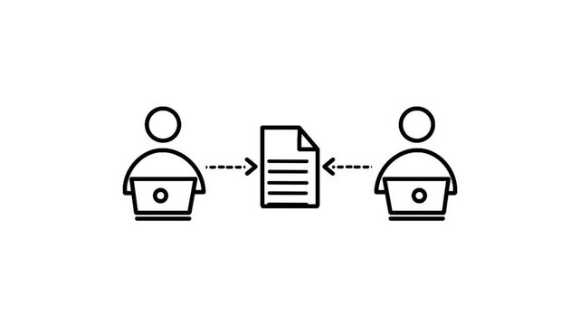 Document collaboration concept featuring two people working on computers with a document icon positioned between them, representing teamwork, communication, productivity, and digital workflow.