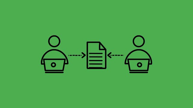 Document collaboration concept featuring two people working on computers with a document icon positioned between them, representing teamwork, communication, productivity, and digital workflow.