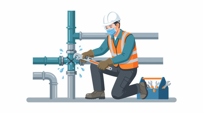 Plumber in safety vest and mask fixing leaking pipe with adjustable wrench maintenance plumbing construction industrial technician equipment professional infrastructure pipework emergency
