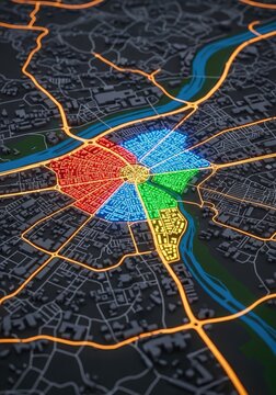 A stylized 3D map of a city glows with vibrant, colored light. The map depicts a central square divided into distinct zones, each illuminated with a different color: red, blue, green, and yellow.
