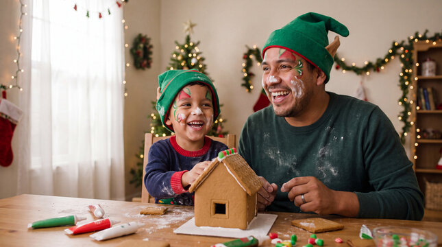 A Latino father and giggling son in elf hats build a gingerbread house together, expressing playful Christmas kitchen joy for greeting cards.