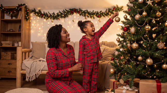 A Black mother and laughing daughter in matching red plaid pajamas decorate a Christmas tree, capturing joyful holiday family warmth for banners.