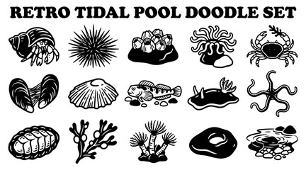 Obraz premium Retro tidal pool doodle set featuring marine life illustrations in black and white vector style