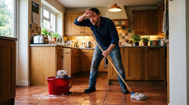 Tired man wiping sweat while mopping tiled kitchen floor during home deep cleaning as he takes a break from his household chores in a rustic kitchen setting.