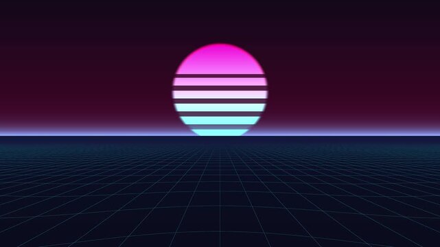 Retro Synthwave Neon Sun Rising Over Dark Digital Grid Landscape