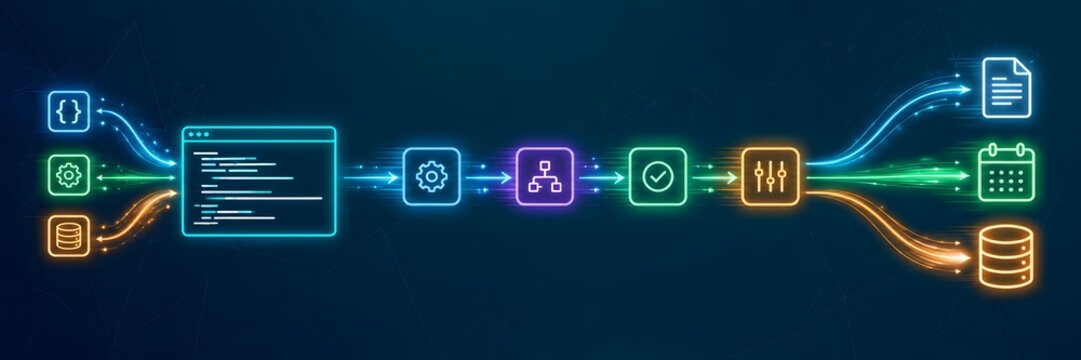 Neon Digital Flowchart Representing Software Development Pipeline and Automated Data Processing Workflow