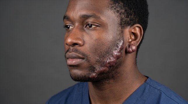 Side Profile of Black Man with Hypertrophic Keloid Scars on Jawline and Earlobe