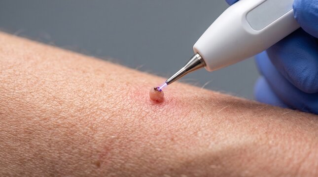 Dermatologist Removing Skin Tag Wart with Plasma Pen Electrocautery Device on Arm