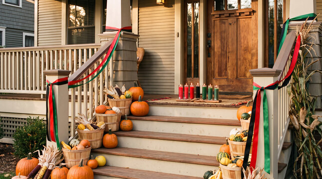 A warm front porch steps display with Kwanzaa baskets, candles, ribbons, pumpkins, and corn creates an inviting holiday entrance for greetings.