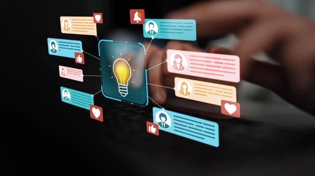 Bright light bulb surrounded by colorful chat bubbles representing ideas, communication, feedback, and social media interaction in a modern digital environment. Entropy.