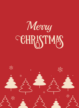 Minimalist Merry Christmas Vertical Greeting Poster with Stylized Christmas Trees, Snowflakes and Elegant Festive Typography on Red Background, Editable Vector Illustration