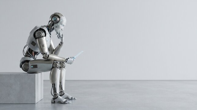 Humanoid AI robot sitting on a concrete block in a thoughtful pose holding a glowing tablet, white background with large copy space