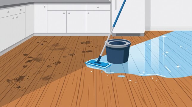 Mop and bucket cleaning muddy footprints on a kitchen floor in a vector illustration showing a half-cleaned hardwood surface during a deep home cleaning session before the holidays.
