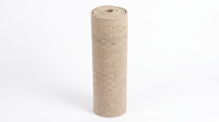 Obraz premium Rolled beige carpet standing upright on a clean white background represents a home interior renovation project or deep cleaning preparation for a tidy living space before guests arrive at home.