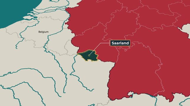 Animated map of Saarland, Germany, highlighting the federal state boundary and location within Germany. Useful for geography, education, regional analysis, news, documentary and European content