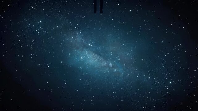 Human silhouette floating among starry night sky stars in deep space cosmic wonder