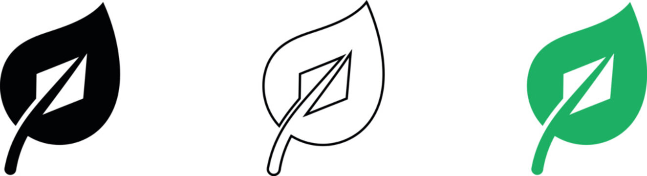 Three stylized leaf illustrations in black white and green with a single line