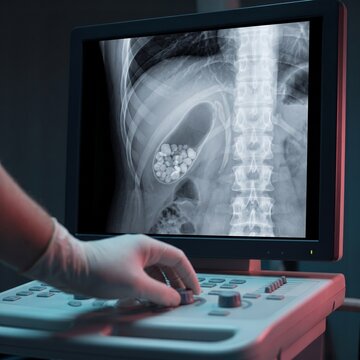Doctor's Gloved Hand Adjusting Medical Imaging Machine Showing X-Ray of Multiple Gallstones in Gallbladder
