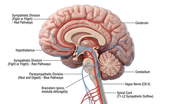 Human brain anatomy cross section with autonomic nervous system sympathetic and parasympathetic pathways diagram