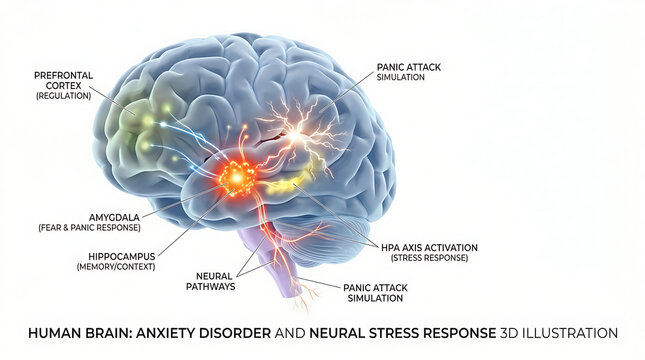 Scientific 3D rendering of the human brain, highlighting neural pathways and regions associated with anxiety disorder and neural stress response
