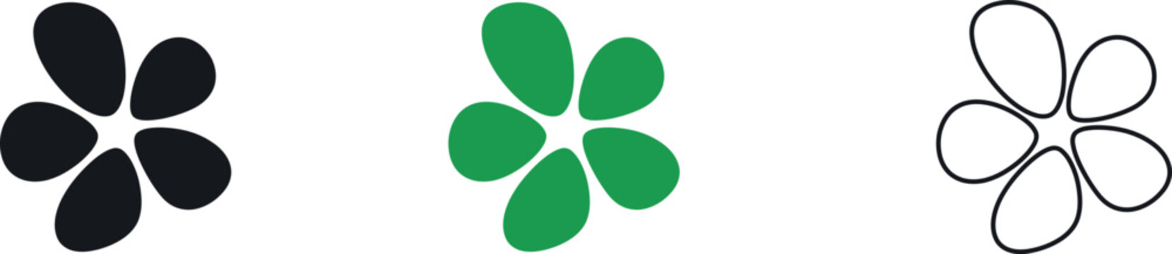Three variations of a four leaf clover icon in black green and white